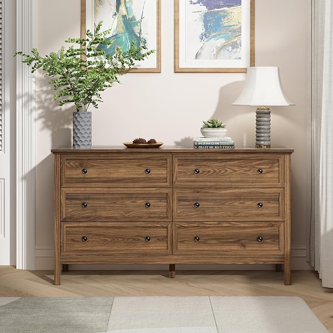 CARPETNAL 55" Walnut Dresser for Bedroom, 6 Drawer Dresser with Wide Drawer and Metal Handles, Wood Dressers & Chests of Drawers for Hallway, Entryway.