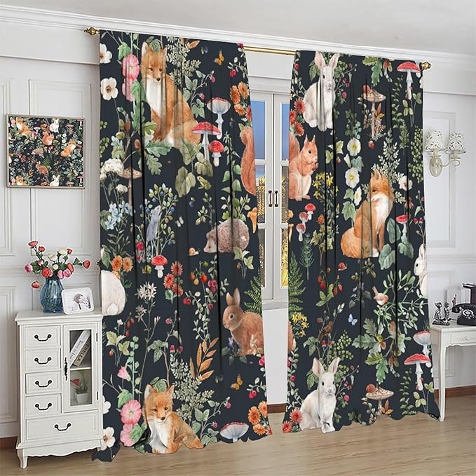 Animal Curtains, Watercolor Forest Animals Plants Pattern Blackout Window Treatments, Rod Pocket Thermal Insulated Drapes 2 Panel Sets for Bedroom Living Room, 63" W X 72" L