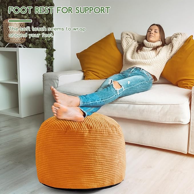 HIGOGOGO Round Stuffed Pouf Ottoman, Corduroy Poufs with Foam Chunk Filling, Furry and Fluffy Pouf Foot Stool Storage Ottoman, 26 X 18 Floor Poufs Foot Rest for Living Room, Orange