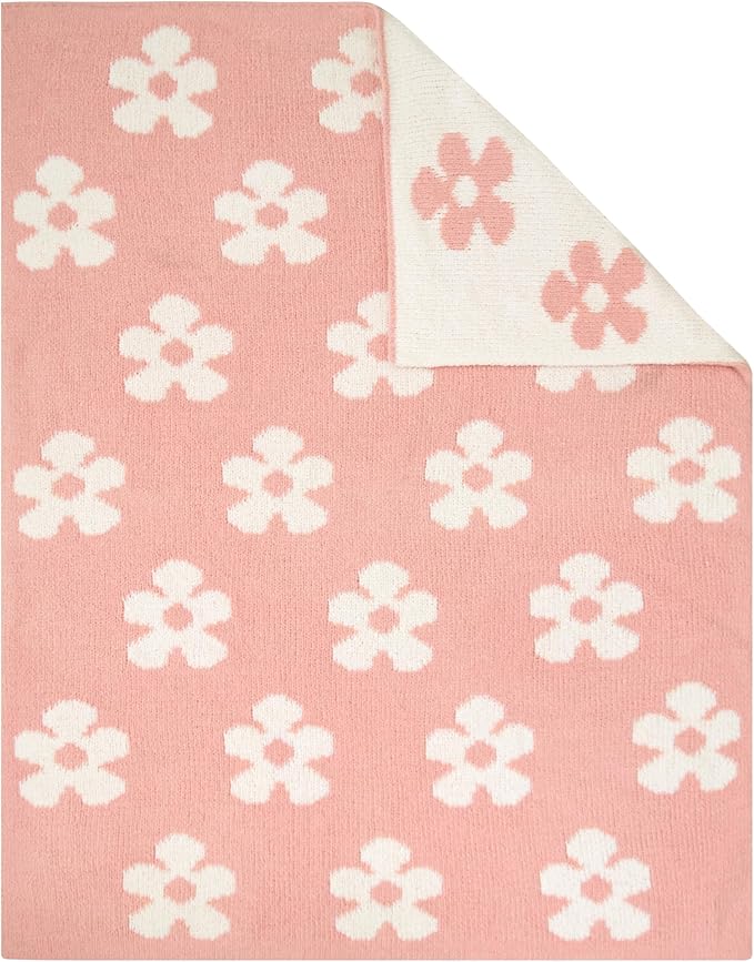 Living Textiles Pink Floral Daisy Chenille Soft Baby Blanket Reversible Premium Cozy Fabric for Best Comfort - for Infant,Toddler,Newborn,Nursery,Girl,Throw,Crib,Stroller,Gift, Pink Floral Daisy 40x30