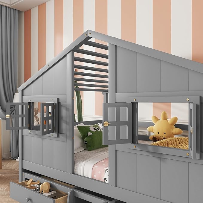 KEIKI Full Size Wooden House-Shaped Loft Bed with Roof, Windows, 4 Storage Drawers, Guardrail, Ladder, for Boys and Girls, Loft Bed with Slats, Easy Assembly, No Box Spring Required, for Bedroom, Grey