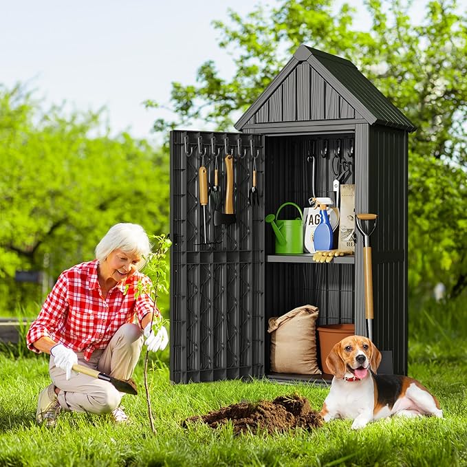 ONBRILL Multifunctional Storage Shed, Outdoor Storage Cabinet with Hooks and Lock Ring, Waterproof Outdoor Storage Shed for All Weather, Tool Outdoor Shed for Patio Lawn and Garden