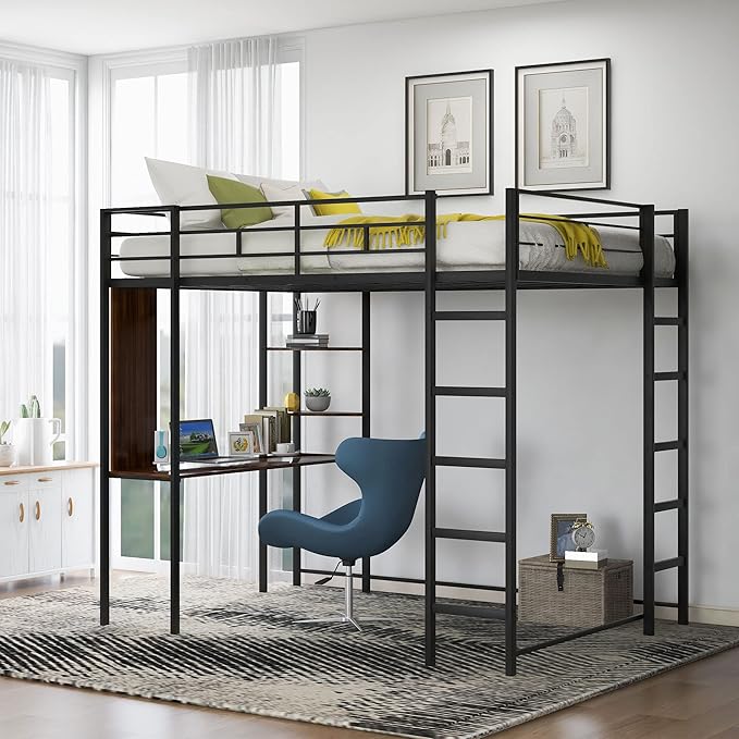 Full Size Metal Loft Bed with 2 Storage Shelves and 1 Desk,Steel Structure Bed Frame W/ 2 Build-in Ladders & Full-Length Guardrails,No Box Spring Needed,for Kids Teens Adults,Black