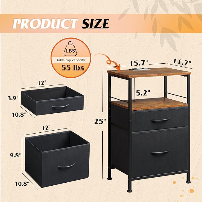 WLIVE Nightstand with Charging Station, Night Stand with 2 Fabric Drawers, Bedside Table, Small Dresser for Bedroom, Side Table with USB Ports and Outlets, Black and Rustic Brown