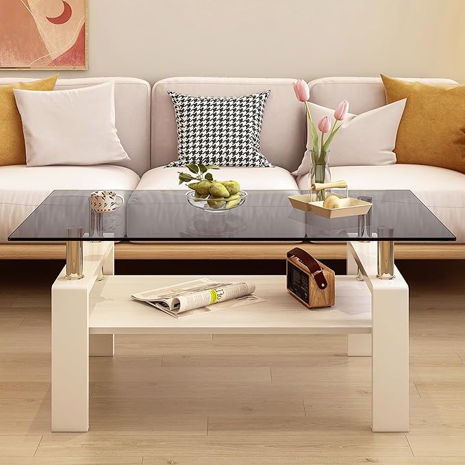 Glass Coffee Table Rectangle Living Room Center Table, with Gray Tempered Glass Tabletop and White MDF Layer,for Living Room and Office, Gray+White