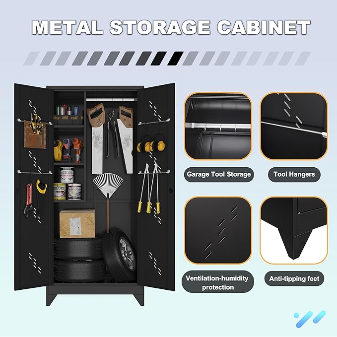 Metal Garage Storage Cabinet, 75” Cleaning Tool Cabinet with Hooks and Hanging Rods, Heavy Duty Garden Tool Organizer, Broom Cabinets for Home, Garage, Laundry Room, Gym, Workshop