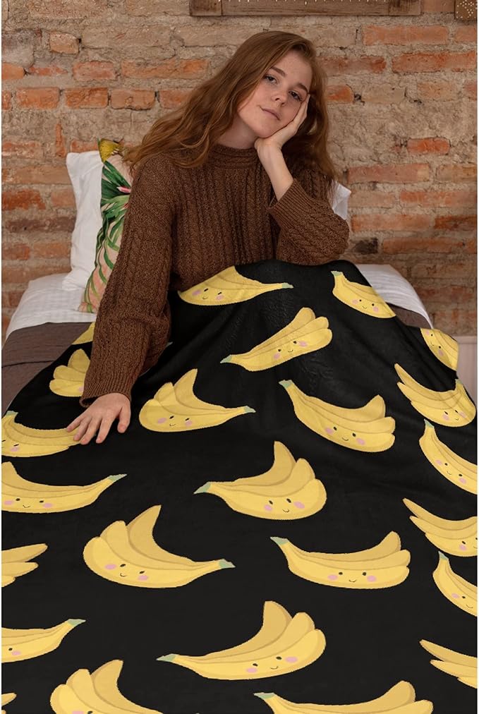 Thuswarm Cute Banana Kawaii Black Flannel Throw Blanket Warm Cozy Soft Funny Print Blankets for Bed Couch Sofa Room Decoration Gifts 50”×40” Small for Kid