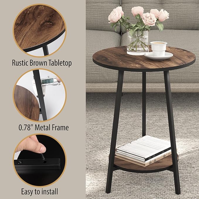 Side Table - Round Accent End Tables - Vintage Wood Color Tables for Sofa Living Room Bedroom Bedside Coffee Small Spaces - Waterproof Metal Frame, Scratch-Resistant - Easy Assembly
