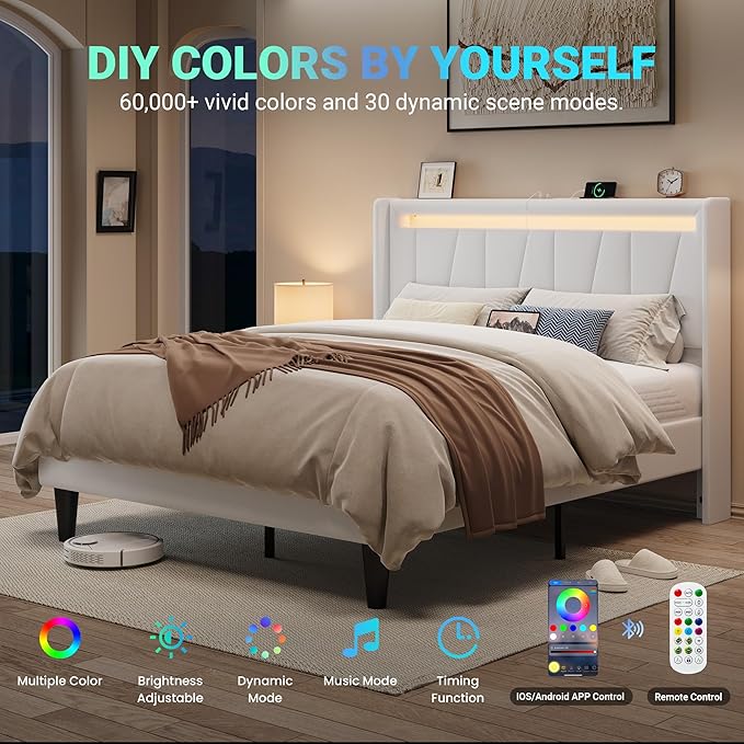 Allewie Full Size LED Bed Frame with Charging Station, Velvet Upholstered Platform Bed with Geometric Wingback Headboard, Modern Frame with No Box Spring Needed, Easy Assembly, White