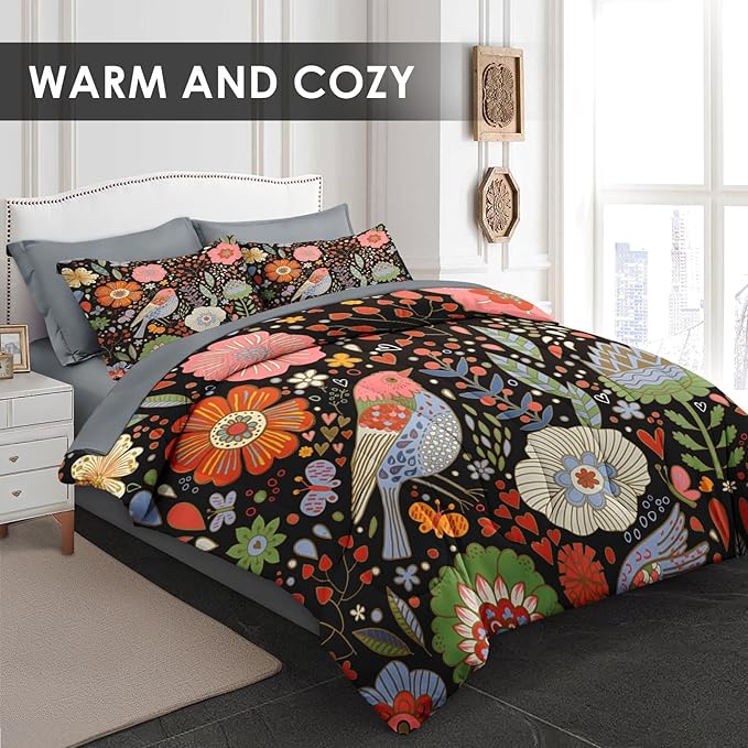 Comforter Set Full Size, Retro Floral Bird 7 Pcs Bedding for Kids and Adults, Vintage Chinese Flower Bed Sheet Sets with Fitted Sheet 2 Pillowcases & 2 Shams for Bedroom Bed Decor