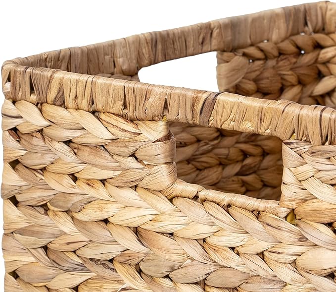 Large 14.5” x 13.5” x 8” (Set of 3) Natural Water Hyacinth Woven Storage Baskets, Rectangular Wicker Basket with Built-in Handles, Large (Natural)