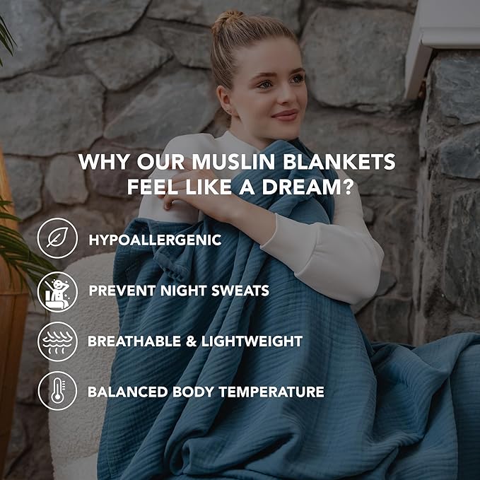 Goqan Muslin Blanket King Size 90x108 – 100% Cotton 4 Layer Boho Muslin Blanket for Adults, Lightweight, Soft, Breathable for Bed, Couch - Teal