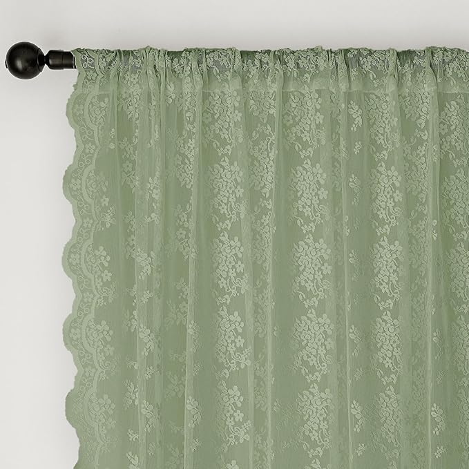 Anmao Vintage Sage Green Lace Curtains 90 Inches Long 2 Panels Sets, Romantic Light Filtering Semi Sheer Floral Thick Lacy Curtain Drapes for Living Room and Bedroom, Each Panel 55W x 90L, Sage Green