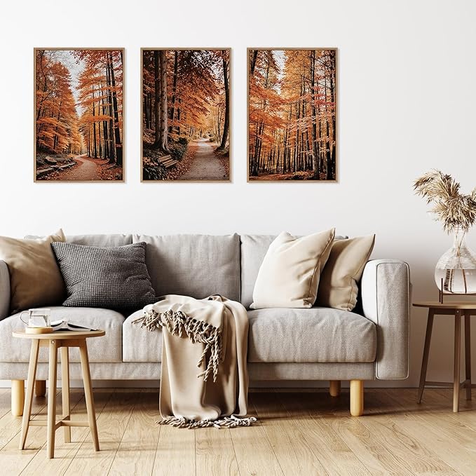 HLNIUC Autumn Forest Framed Canvas Wall Art,Fall Nature Pictures Wall Decor Set of 3(16”x24”) Large Maple Trees Trail Scenery Wall Painting,Modern Fall Landscape Art Print for Living Room,Bedroom