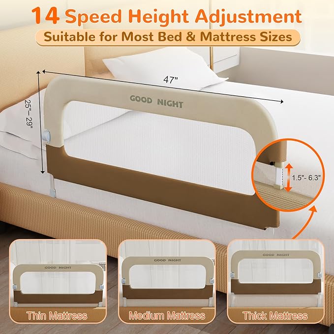 Bed Guard Rail for Toddlers - 47" Adjustable Heights & Folding up Portable Bed Railing for Baby - Toddler Bed Rails Guard for Crib, Twin, Bunk,Full Size, Queen & King Bed