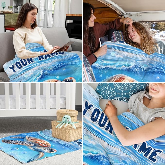 Custom Turtle Gifts for Women - 60" x 80" Inches Cute Throw Blanket for Adults, Teens - Blue Cozy Furry Blankets for Sofa, Bed & Living Room