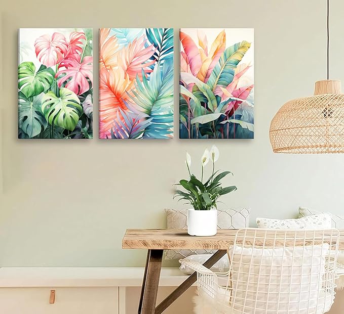 3pcs Framed Tropical Botanical Canvas Wall Art Monstera Leaves Posters Botanical Prints Bohemian style Wall Decor Pictures Palm Leaves Paintings for Bathroom living room Decoration
