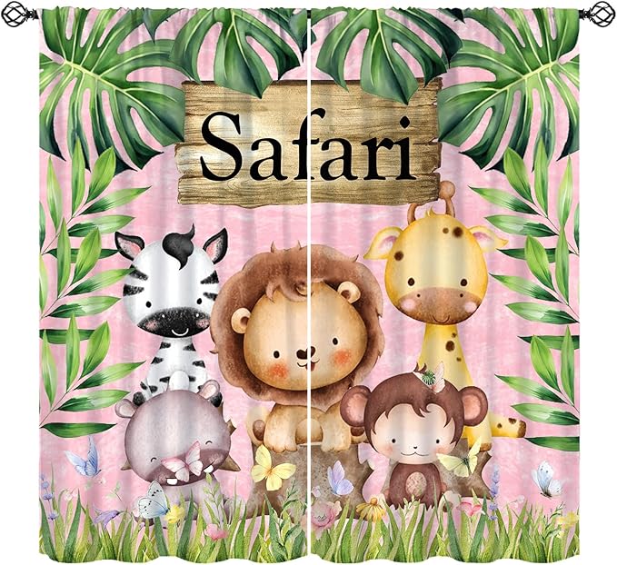 Kids Safari Animals Curtains, Cartoon Wildlife Tropical Leaf Pink Blackout Window Treatments, Rod Pocket Thermal Insulated Drapes 2 Panel Sets for Bedroom Nursery Classroom, 84" W X 84" L