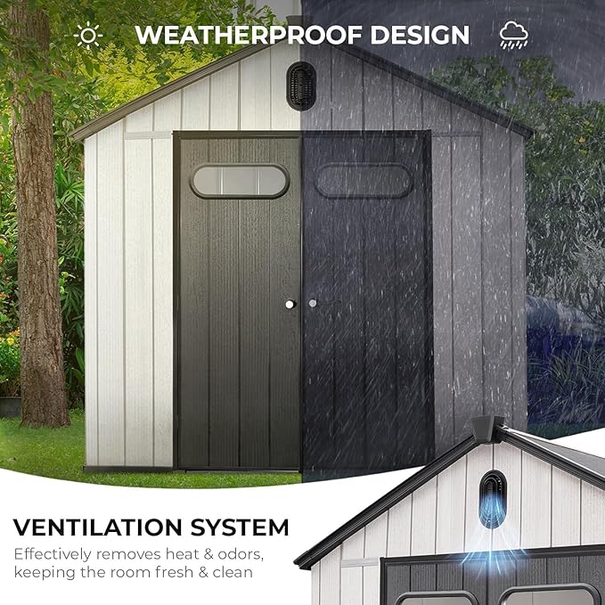 EconoHome 8x8 Ft Outdoor Storage Shed with Floor - Waterproof Shed with Lockable Door for Garden - Backyard, Tool Storage Use - Grey