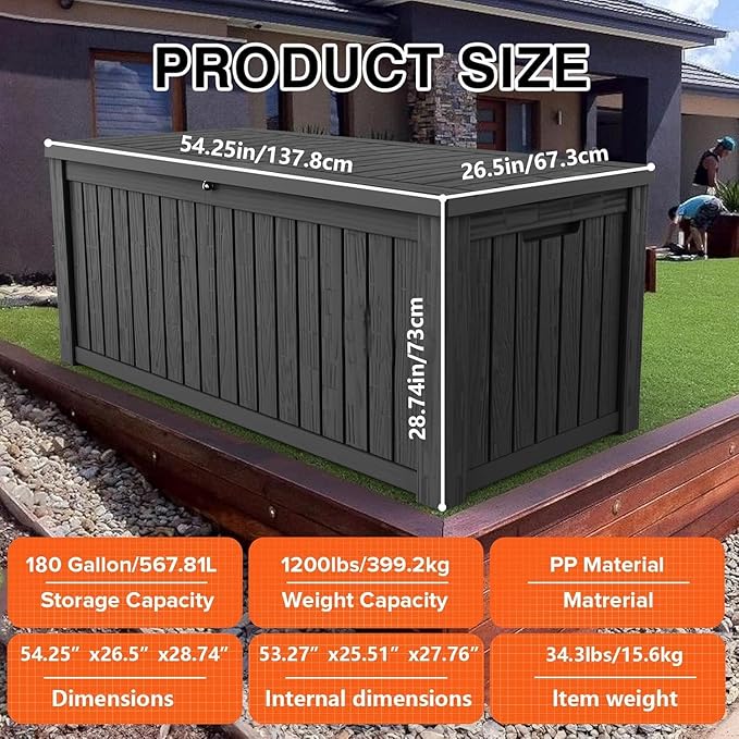 180 Gallon Outdoor Storage Box Waterproof Lockable Resin Deck Box Large, Patio Storage Bin for Pool Accessories Cushion Furniture, Garden Tools, UV-Resistant Outside Delivery Black