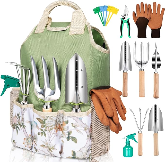 Gardening Tool Set 10 Pieces, Heavy Duty Stainless Steel Garden Tool Set Hand Tools with Roomy Lightweight Floral Tote Bag, Rust-Proof Garden Tools for Gardening, Ideal Gardening Gifts for Women Mom