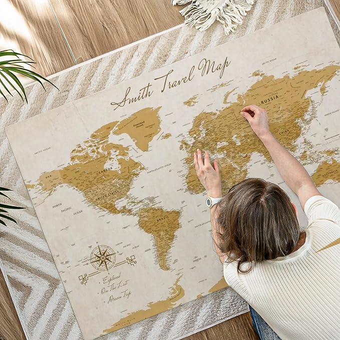 ElephantStock - Personalized Travel Push Pin World Map Wall Art - Horizontal Canvas Wall Art - Living Room Wall Decor - Digital Art Map Canvas Art - Orange And Beige Decor - 51" x 34"