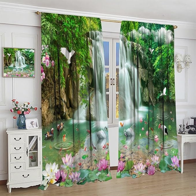 Scenery Waterfall Blackout Curtains, China Country Landscapes Nature Pattern Window Drapes, for Bedroom Living Room 55" W X 63" L