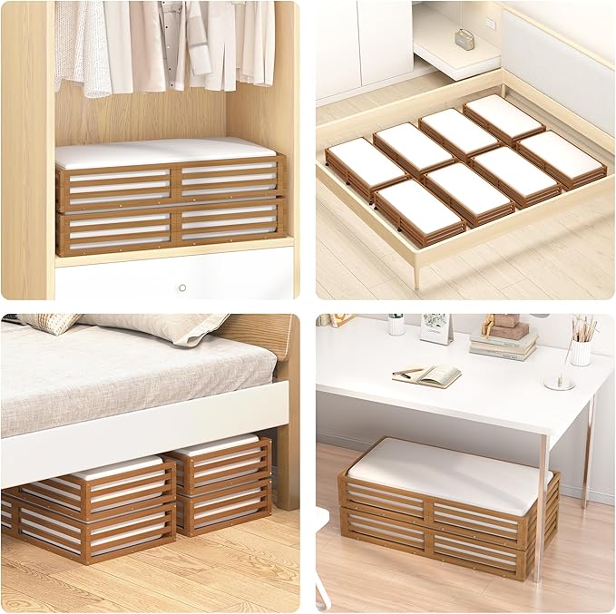 Bamboo Under Bed Storage Containers- Underbed Organizer with Wheels with Large Capacity Dust Bag,Sturdy Wood Rolling Under Bed Shoe Storage Organizer 2 Packs (Walnut, 2 Packs (33.07"×16.54"))