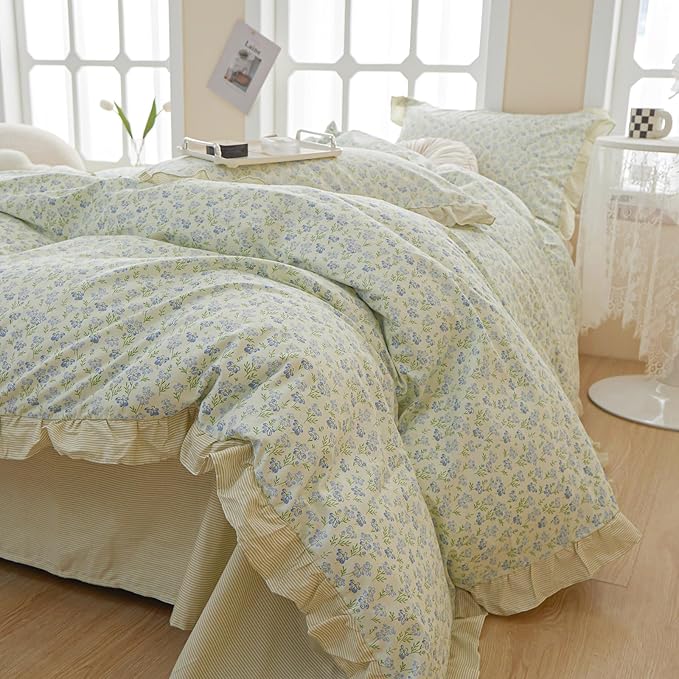 Green Floral Ruffle Comforter Set Queen Girls Cute Blue Flowers Comforter Fluffy Soft Cottagecore Bedding Set Vintage Botanical Comforter with 2 Pillowcases Romantic Lace Boho Bed Comforter Set