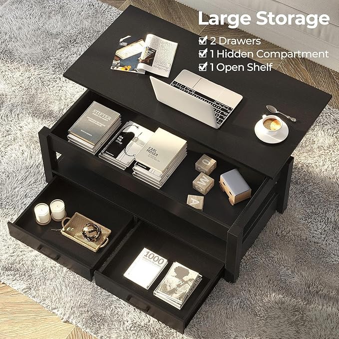 Rolanstar Coffee Table, Lift Top Coffee Table with Drawers and Hidden Compartment, Retro Central Table with Wooden Lift Tabletop, for Living Room, Black