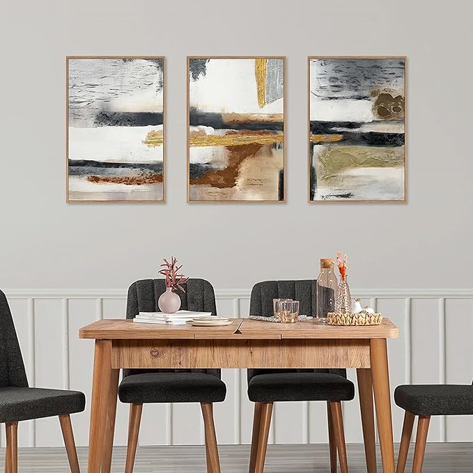 Modern Abstract Framed Canvas Wall Art Set, Neutral Textured Wall Decor, Boho Minimalist Gold and Gray Wall Painting for Living Room, Bedroom, Dining Room, Office - 16" x24" x3