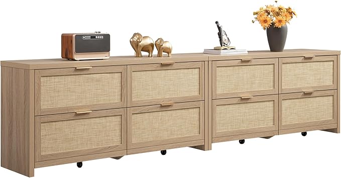 SICOTAS Large Dresser for Bedroom Set 2, Rattan Dressers with 4 Deep Drawers, Long Chest of Drawers for Closet, Farmhouse TV Stand(Reclaimed Light Oak, 4 Drawers (2 pcs))
