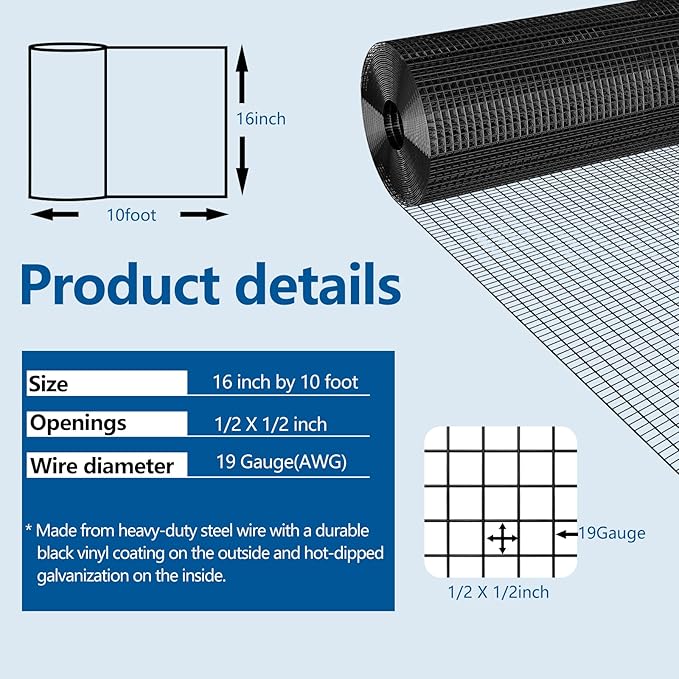 Black Hardware Cloth 1/2 inch 19Ga PVC Coated Wire Mesh Vinyl Coated Fence Welded Metal Chicken Wire Fencing Roll (1/2 inch 16in x 10ft)