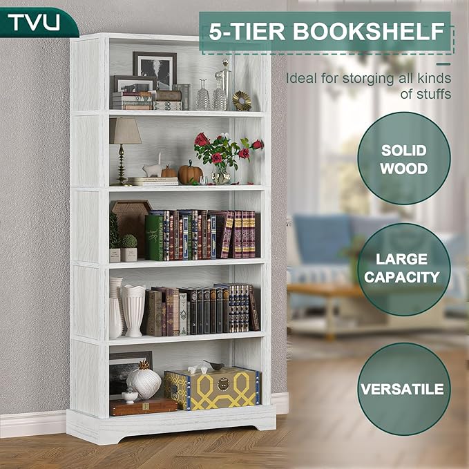 TVU 5-Shelf Wood Bookcase, 65 Inch Tall Bookshelf with Storage, Floor Standing Display Book Shelf，for Living Room Bedroom Study Office，Antique White