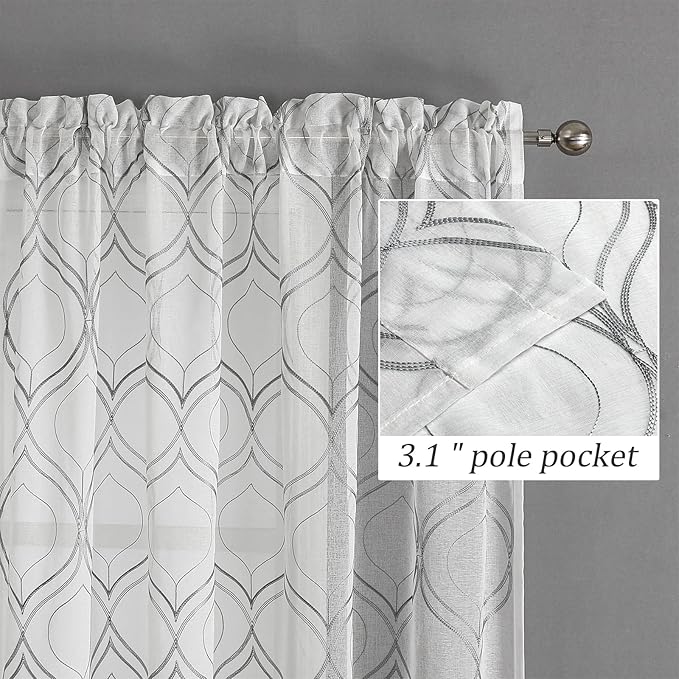 VISIONTEX White Sheer Curtains 54 Inch Length 2 Panels Set Grey Moroccan Embroidered Curtains Trellis French Textured Rod Pocket Voile Tulle Semi Window Drapes for Bedroom Living Room 54 x 54 Inches