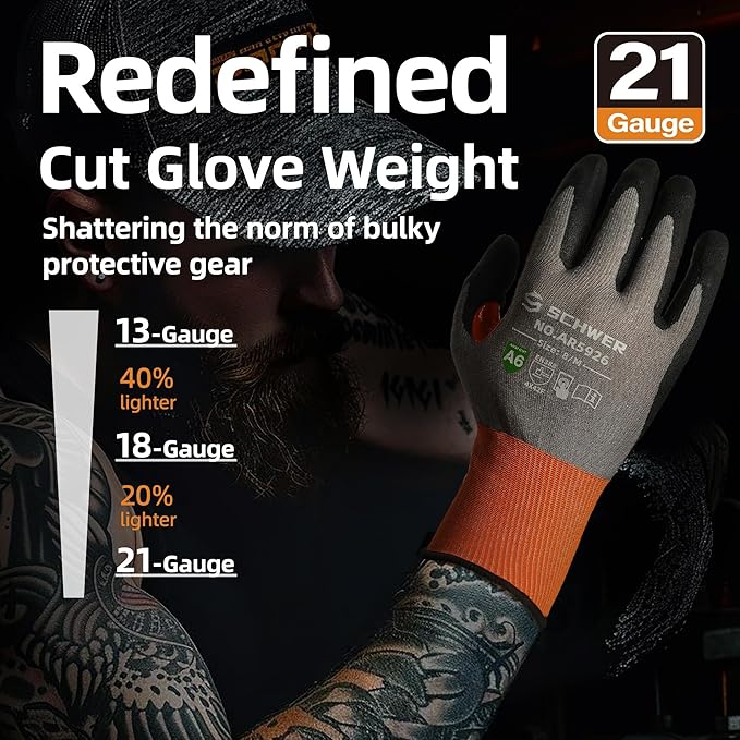 Schwer A6 AIR-SKIN Cut Resistant Work Gloves, Comfortable & Breathable, 21-Gauge Seamless Knit Flexible Safety Working Gloves with Grip for Refined Task, Touch-screen, 150 Pairs, L, AR5926