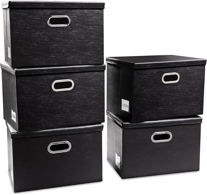 PRANDOM Foldable Storage Bins with Lids [5-Pack] Leather Fabric Collapsible Storage Boxes Organizer Containers Baskets Cube with Cover for Bedroom Closet Office Nursery Black (14.9x10.8x10)