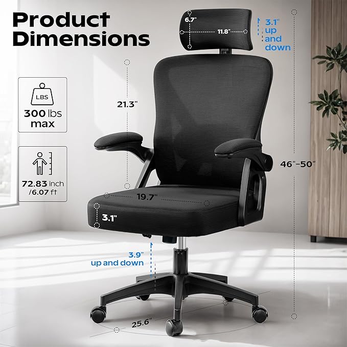 Ergonomic Office Chair, Home Office Desk Chair with Headrest, High Back Mesh Chair with Flip-up Armrests, Comfy Desk Chair with Lumbar Support, Rolling Swivel Task Computer Chair for Home Office