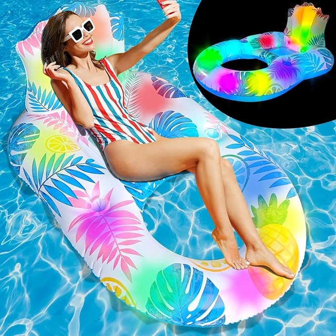 Inflatable Pool Float Adult - Light Up Pool Floaties Lounger Floats Floating Chair Raft with Cup Phone Holder - Pool Chairs for in Pool for Adults Large Size Summer Beach Lake Lounge