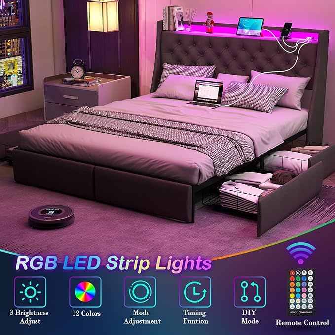 Queen Bed Frame with 4 Storage Drawers, Upholstered Headboard, LED Lights