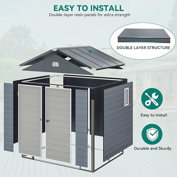 YITAHOME 8x6.2FT Outdoor Storage Shed w/o Floor, All-Weather Plastic Shed with Lockable Doors, Window & Vents, Plastic Tool Shed for Backyard, Patio, Poolside, Lawn, Gray