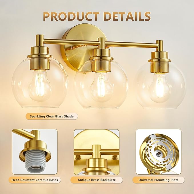 Gold Bathroom Vanity Lights, 3-Light Wall Sconce