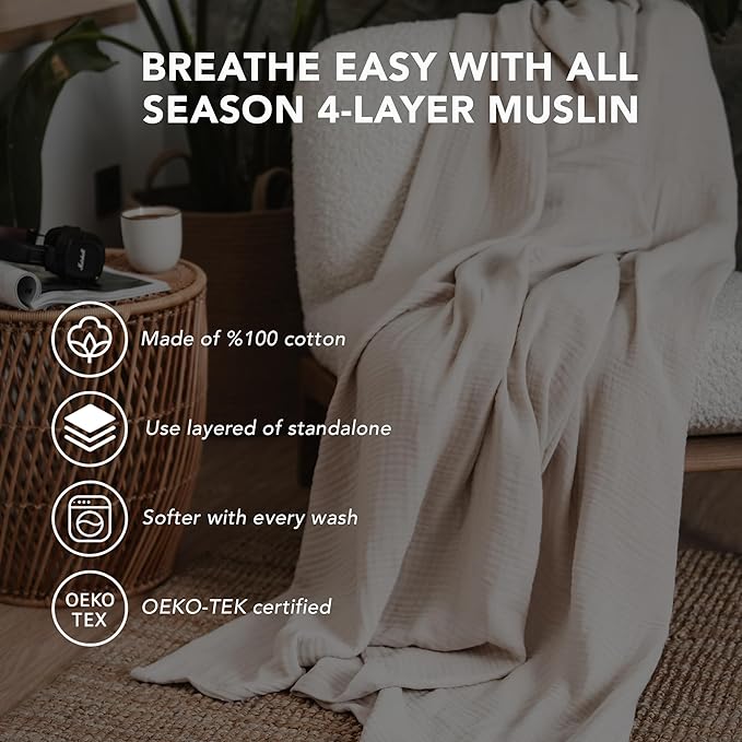 Goqan Throw Blanket 55x60 – 100% Cotton 4 Layer Boho Muslin Blanket for Adults, Lightweight, Soft, Breathable for Bed, Couch, Picnic - Beige