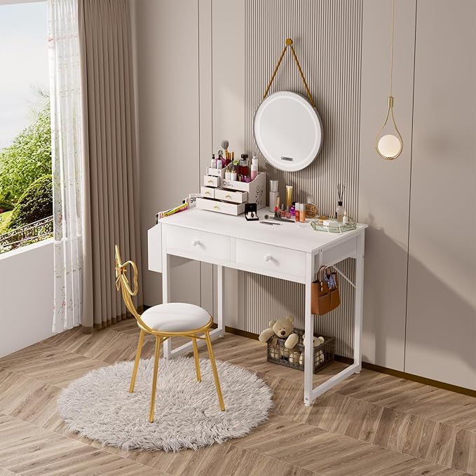 Lufeiya Small White Desk with Drawers - for Bedroom, 32 Inch Home Office Computer Desk with Fabric Storage Drawer and Bag, Study Writing Table for Small Spaces, White