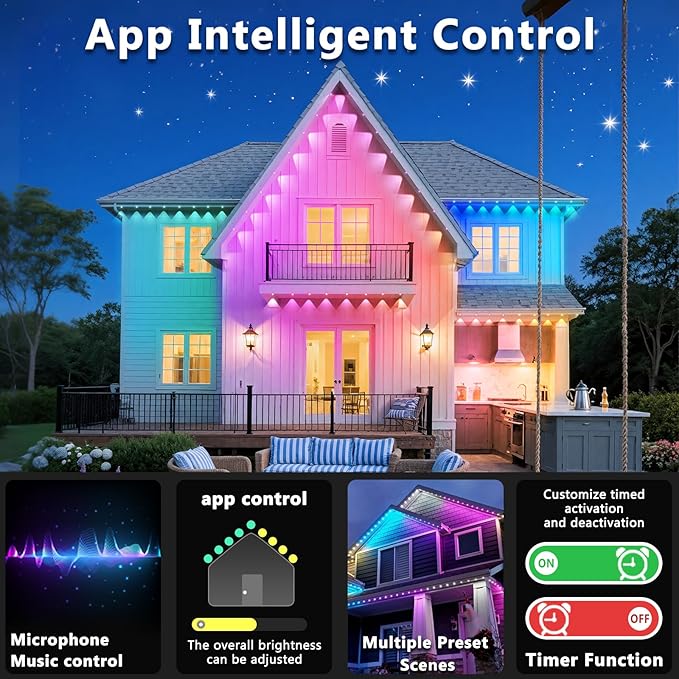 150FT Permanent Outdoor RGB Lights, IP67 Waterproof Smart Eave Lighting