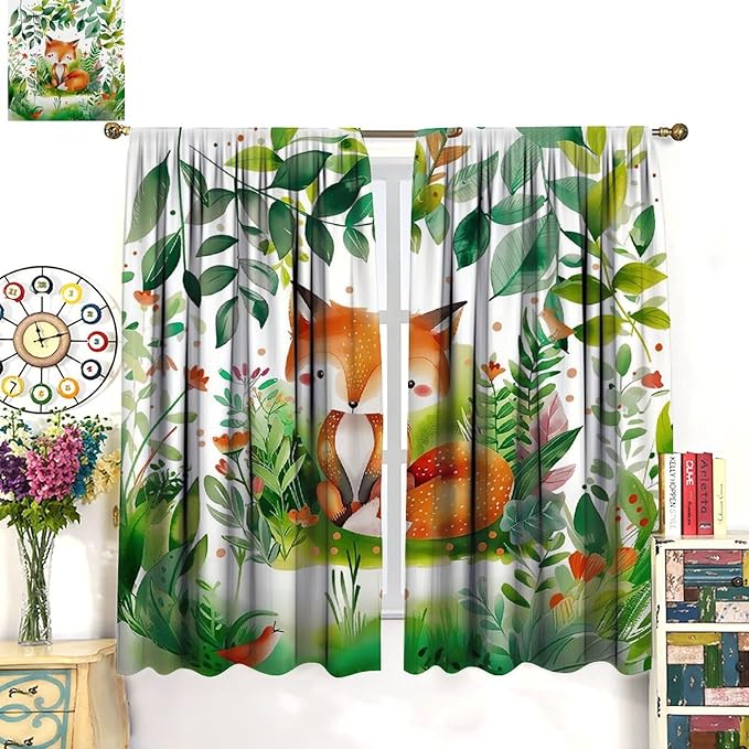 Kids Fox Curtain Cute Cartoon Fox Window Treatment for Girls Boys Bedroom Wildlife Woodland Animal Botanical Plant Window Drapes for Living Room Teens Nursery W42xL45(Decor)