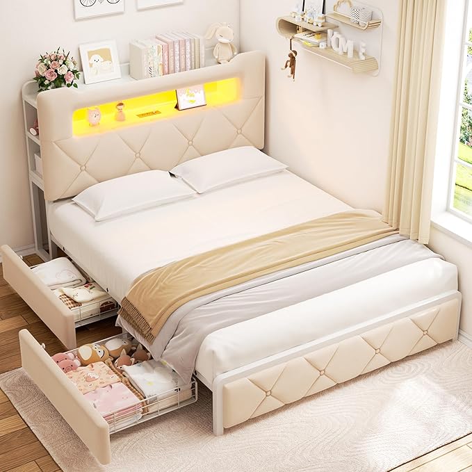 Queen Upholstered LED Bed Frame with 2 Storage Drawers and 2-Tier Storage Headboard,Velvet Princess Platform Bed with Charging Station&Bookcase,Heavy Duty Metal Support,No Box Spring Needed,Beige