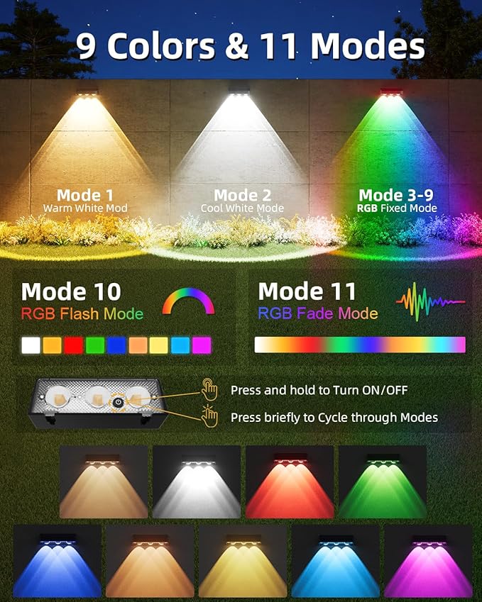 Solar Fence Lights 2 Pack, Warm White, Cool White and RGB Color Glow LED Solar