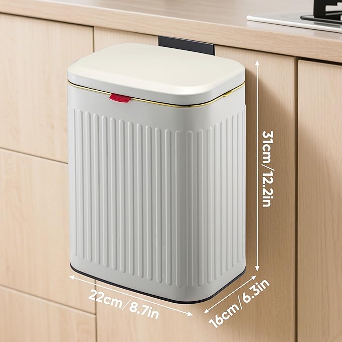 2.11Gallon 8L Carbon Steel Trash Can Door Compost Bin Wall Mounted 2 Ways Sliding Lid Compost Bin Countertop Kitchen Hanging Cabinet Door Trash Bin Metal Garbage Bin Cubo de Basura Ivory