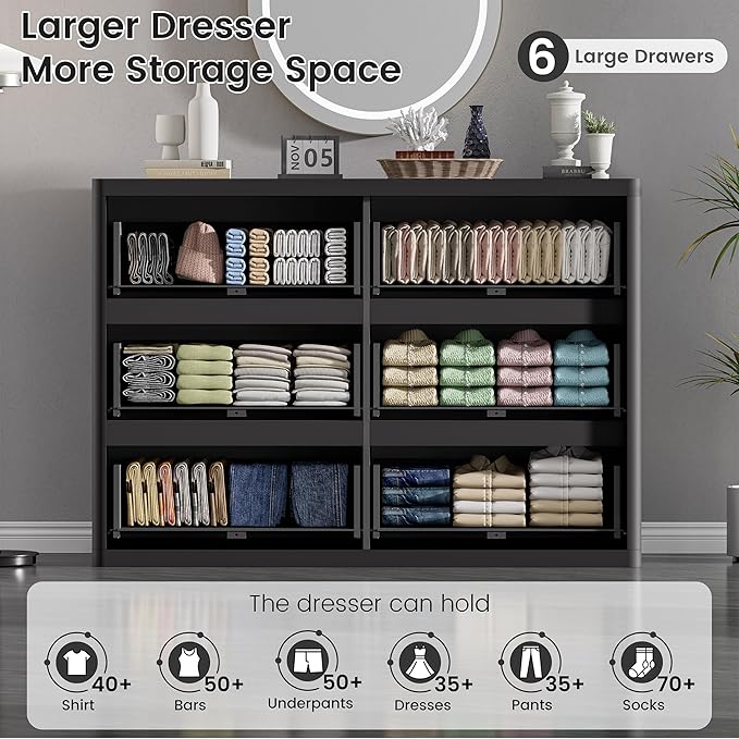 Black Dresser for Bedroom with 6 Double Drawers, 48" Wide Wooden Chest of Drawers with Curved Profile, Modern Fluted Dresser TV Stand, Wood Closet Clothes Storage Organizer for Living Room